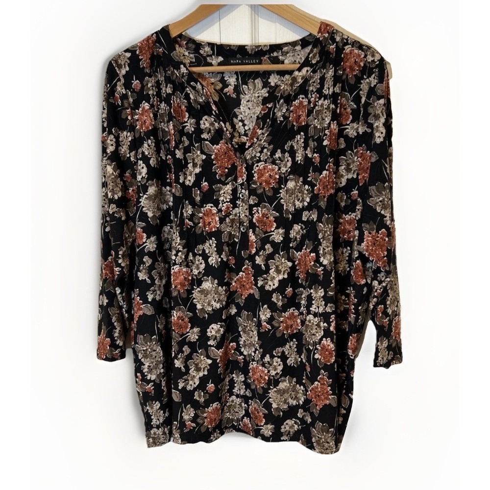 Napa Valley Floral Henley Blouse Womens 2X Black Pink Pintuck Pleated 3/4 Sleeve